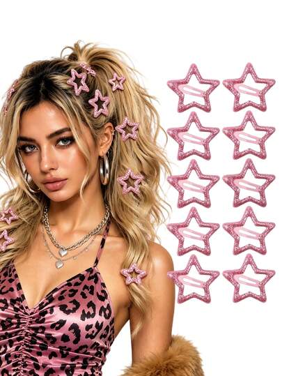 2/5/10pcs Women Pink Glitter Star Fashion Basic Hair Clips, Hair Accessories For Party, Music Festival, Vacation