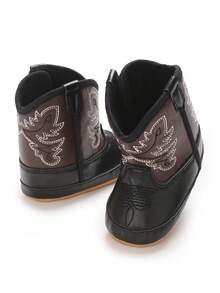 American Maple Leaf Embroidered Denim Infant Ankle Boots, Unisex Infant Autumn/Winter Vintage Patchwork Soft Sole Outdoor Walking Shoes - Black - View 4