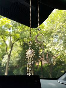 Sun & Moon Tassel Car Hanging Ornament, Car Interior Rearview Mirror Decoration Pendant, Car Rearview Mirror Decorative Charm - A - View 4