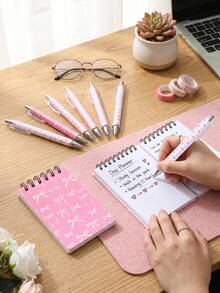 1/4/8pcs White And Pink Bow Notebook & Diary Set, Cute Bow Pocket Notebook (10cm) And Pen (14cm) Set, Bow Theme Party Gift, Birth, First Day Of School - Pink - View 9