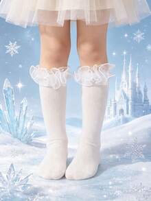 1 Pair Girls White Lace Ruffle Mid-Calf Socks, Soft Breathable Socks With Ruffle, Suitable For Fall Winter Back To School, Party Favors For Kids - Multicolor - View 4