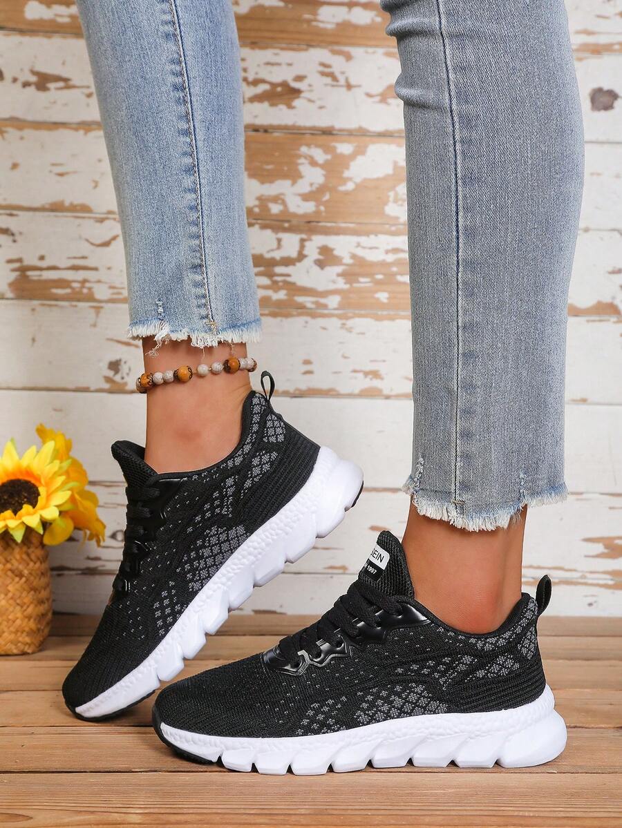 Women's Athletic Shoes Fabric Front Lace-Up Striped Decor Mesh Breathable Soft Sole Sneakers Suitable For Daily Commute And Casual Wear