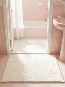 Cream-Style Embossed Line Bathroom Mat, Soft High-Density Plush Surface With Soft Skin-Friendly Touch, Minimalist Double-U Pressed Pattern Design Versatile And Stylish, Suitable For Ins Cute Home Decor. Can Be Placed In Entryway, Bedroom Entrance, Beside Washbasin. Gentle Beige Solid Color Soft Easily Matches Various Soft Furnishing Styles, Simple And Convenient Daily Care, Machine Washable, Can Be Placed At Home Entrance, Balancing High Aesthetics And Daily Practicality. - White - View 3