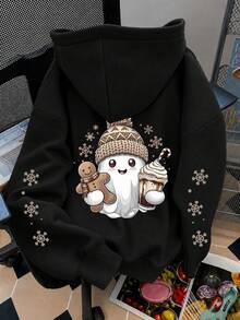 Plus Size Women's Casual Gothic Style Drop Shoulder Hooded Sweatshirt, Thin Long Sleeve Pullover With Gothic Gingerbread Ghost Print, Drawstring Hood, Pockets, Loose Fit, Solid Color Print, Autumn/Winter Fashion Sportswear, Comfortable Plus Size Sweatshirt For Outdoor Sports, Daily Wear, Parties, School, Vacation, Commuting And Halloween - Black - View 4