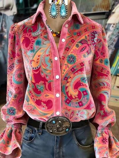 1Item Women's Pink Velvet Paisley Floral Print Shirt, Flared Long Sleeve Collared Western Button Down Blouse, Suitable For Autumn, Winter & Daily Wear