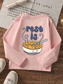 Cute "Rest Is Productive" Bowl Graphic Long Sleeve T-Shirt, Cartoon Food Print Crew Neck Casual Fall Tee - Pink - View 3
