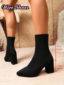 2026 New Elegant Fashion Chunky Heel Pointed Toe Boots, Elastic Slim Sock Boots, High Heel Ankle Boots For Spring, Autumn, Winter, All Seasons - Black - View 10