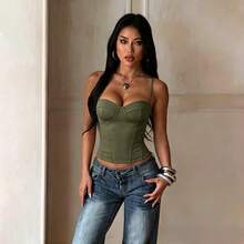 Elegant Versatile All-Match Camisole, Summer Slim Fit Women's Top, Army Green Spaghetti Strap Top, Suitable For Outings, Vacations, And Daily Wear - Army Green - View 6