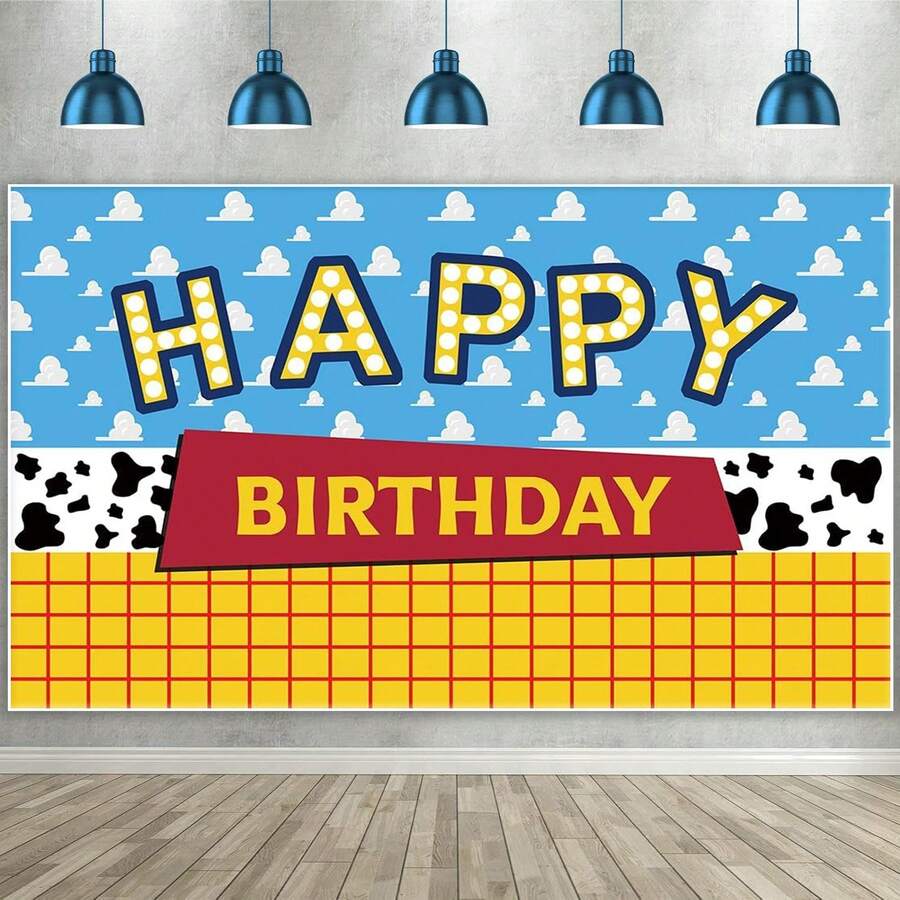 1件卡通玩具故事主題生日背景布 藍天白雲生日橫幅 派對蛋糕桌裝飾 背景拍照道具 - 查看 1