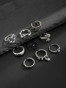 9pcs Gothic Star & Thorn Stackable Open Ring Set, Vintage Dark Street Style Unisex Fashion Accessories - Antique Silver - View 3