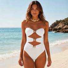 White Strapless One-Piece Swimsuit With Gold Starfish Details, Women's Flattering Cutout Bathing Suit, Medium Stretch Fabric - 白色 - 查看 1
