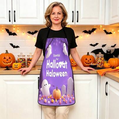 1pc Halloween Pumpkin, Ghost, Bat, Black Cat, Spider Web, Vintage Skeleton Witch, Haunted House, Halloween Pattern Apron, Suitable For Home Decor And Kitchen Use. Made Of 100% Polyester Material, Designed As Sleeveless Style, Perfect For Home Kitchen, Outdoor BBQ Cooking. This Printed Apron Is Unisex, Machine Washable And Reusable, An Essential Kitchen Accessory