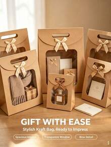 Flip-Top Handbag With Bow And Window, Large/Medium/Small Cardboard Gift Bag, Birthday Gift Packaging Bag, Christmas Gift, Easter Gift Packaging Bag - Bow Kraft Paper - View 11