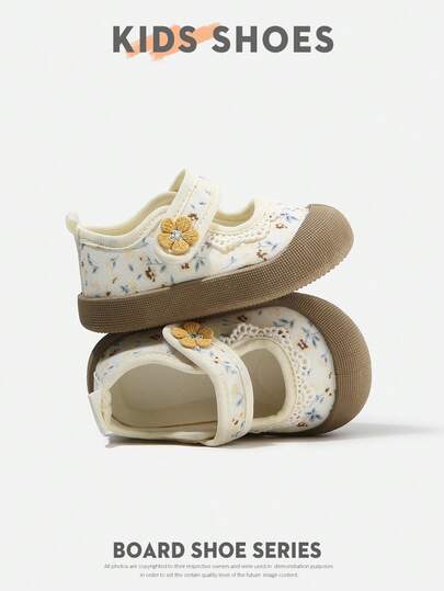 1 Pair Infant/Toddler Floral Flower Round Toe Low-Top Hook & Loop Flat Pastoral Style Casual Shoes For Daily Wear And Outings [Select By Actual Cm Inner Length]