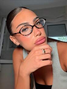 1pc Women's Oval Small Oval Frame Personalized Street Style Concave Transparent Glasses, Summer Study Accessory, Women's Eyewear Accessory - Leopard - View 2