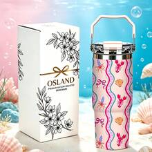 1/5pcs 30oz Vacuum Insulated Travel Mug With Gift Box, Light Pink Wavy Lobster Shell & Bow Print, Foldable Portable Handle, Double Flip Leak-Proof Lid, Double Wall Mug, Kids Outdoor Use, Playful Cartoon Marine Life Gift - Marine Life - View 10