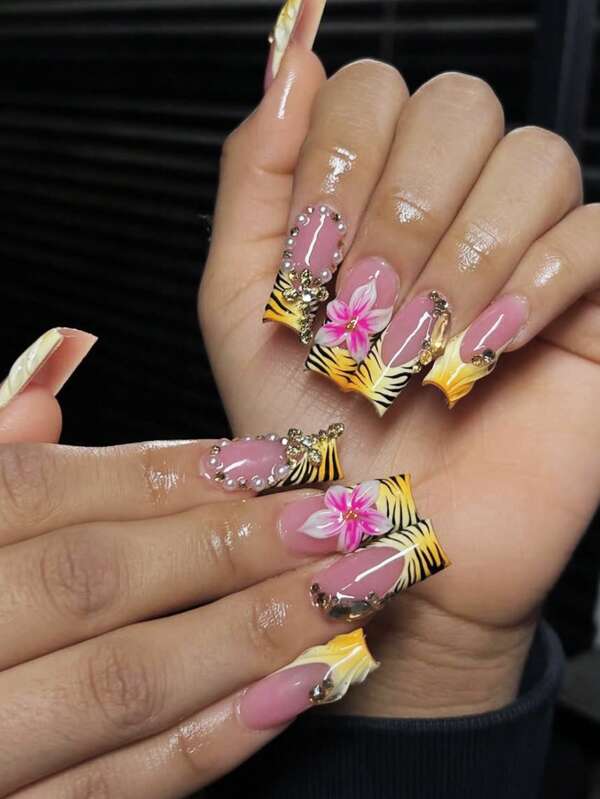 24pcs Medium Square Nail Art Stickers, Luxury High-End Style, Zebra Print French Edge 3D Embossed Design, Pearl Cross Design, Press-On Removable Nail Stickers, Suitable For Birthday, Thanksgiving, Valentine's Day, Mother's Day, Graduation, Party, Holiday Outfits, Set Includes: 1pc Jelly Glue And 1pc Nail File. Summer Nail Stickers Make Your Fingertips Shine And Attract, Perfect For Women's Daily Work And Party Occasions