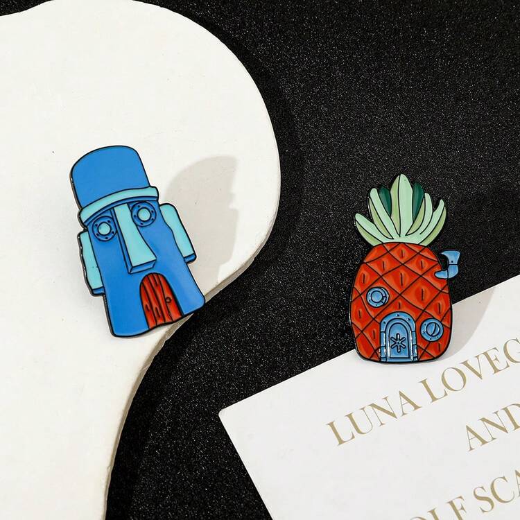 SpongeBob SquarePants 1/2pcs Anime Architecture Brooch Pineapple House Enamel Pin Metal Badge Jewelry Backpack Clothing Accessory Gift - Multicolor - View 4