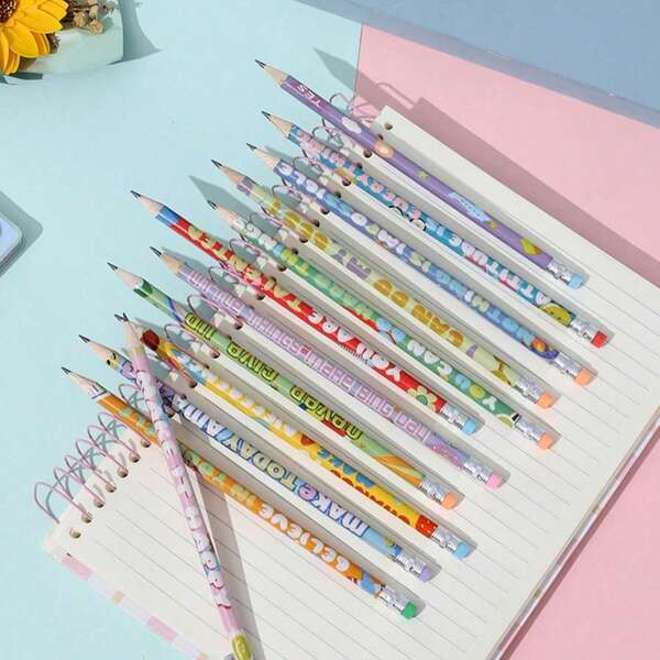 6/12pcs English Inspirational Cartoon Pencil & Eraser Set, HB Pencils For Students, First Day Of School