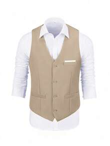 Vest For Men Solid Formal Suit Waistcoat With Wide Pockets For Business Wedding Party Outfit To Match Men Suits - Champagne - View 5
