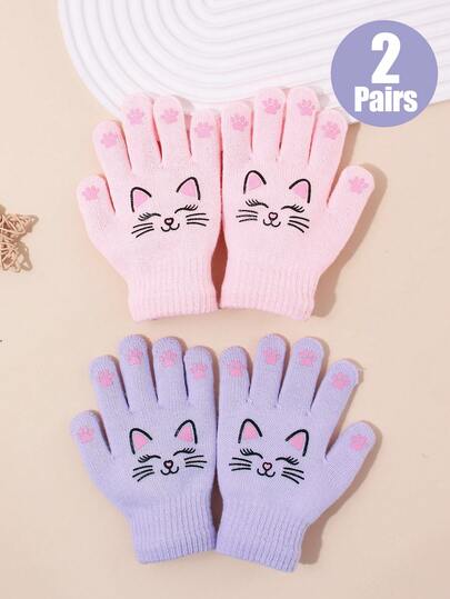 2 Pairs Kids Cute Cartoon Cat Print Knitted Full Finger Gloves, Soft Warm Winter Gloves, Elastic Ribbed Cuff Hand Protection, Suitable For Girls Outdoor Daily Wear