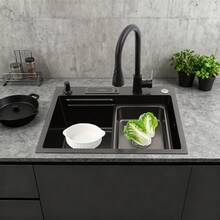 YUNRUX Kitchen Sink, Sink With Inner Bowl, Black Sink With Pull-Out Faucet Black - 黑色 - 查看 8