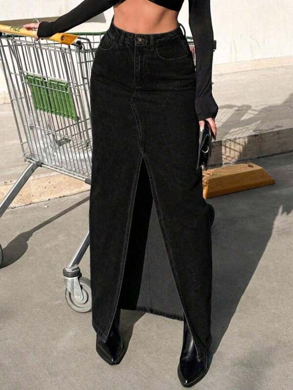 Dark Blue Long Maxi Denim Stretch Slit Slim Fit Normal Waist Women's Jeans Skirt