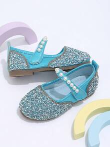 1 Pair Girls' Dual-Color Rhinestone & White Pearl Hook-And-Loop Blue Flat Shoes, Suitable For Performance And Daily Wear - Blue - View 4