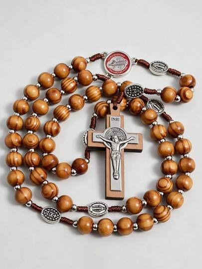 1pc Wooden Rose Bead Cross Pendant Necklace, Handwoven Brown Wooden Bead Necklace With St. Benedict Charm And Cross Pendant, Y-Shaped Beaded Necklace, Religious Prayer Bead Necklace