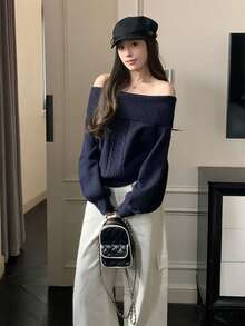 [Y6Y]Autumn Women Cold Shoulder Cable Knit Sweater, Exposed Shoulder Cable Knit Cardigan, Korean Style Gentle Aesthetic - Navy Blue - View 3