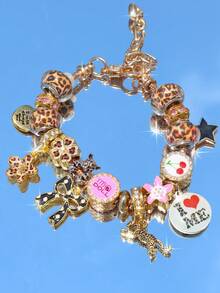 1pc Leopard Print Cherry Blossom Bow Polka Dot Charm Bracelet, Love Yourself Slogan Bracelet, Leopard Heart Music Festival Bracelet - Gold - View 9
