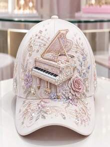1pc Women's 3D Floral Baseball Cap, Music Theme Note Print Pearl Rhinestone Adjustable Sun Hat, Vintage Music Festival Style Baseball Cap - Multicolor - View 8