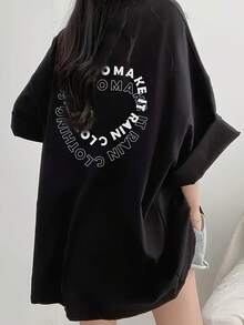 Mid Length Oversized Black Casual T-Shirt For Ladies Round Neck Short Sleeve All-Match Spring Summer Top Fast Local Delivery - 黑色 - 查看 2