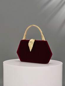 1pc Burgundy Velvet Metal Leaf Evening Clutch, Luxury Bamboo Joint Rhinestone Handle Handbag, Wedding Bride Toasting Bag, Banquet Dress Cheongsam High-End Crossbody Chain Small Bag - Burgundy - View 5