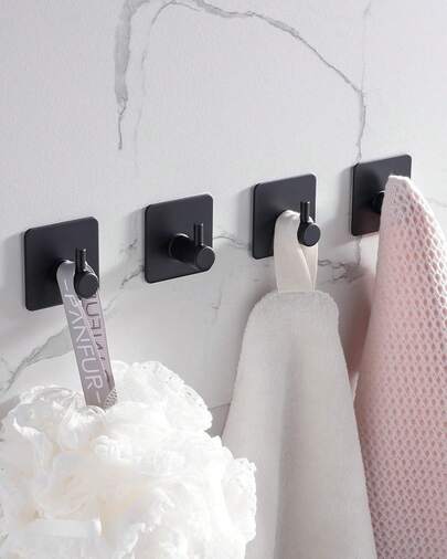 Eowihor 4 Pack Adhesive Hooks, Black Towel Hook For Bathrooms, Heavy Duty Stainless Steel Wall Hook, Waterproof Stick On Hook, Hooks For Hanging