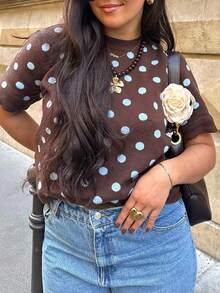 Polka Dot Pattern Short Sleeve Knit Top - Brown - View 2