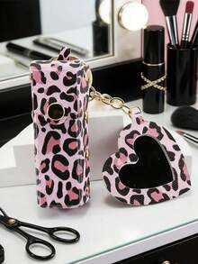 Leopard Print Lipstick Keychain, Portable Heart-Shaped Makeup Mirror Lipstick Pendant. Fashion Y2K Style. Suitable For Students, Office, Party, Travel, Gift - Multicolor - View 6
