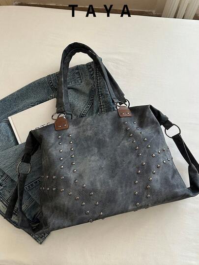 Túi tote thời trang vintage thanh lịch mới, phong cách Y2K trang trí đinh tán, khóa kéo, nhẹ nhàng tối giản, dung tích lớn, túi đeo vai cá tính. Phù hợp cho phụ nữ dùng hàng ngày, đi chơi, đi làm, đi học, du lịch và sinh viên