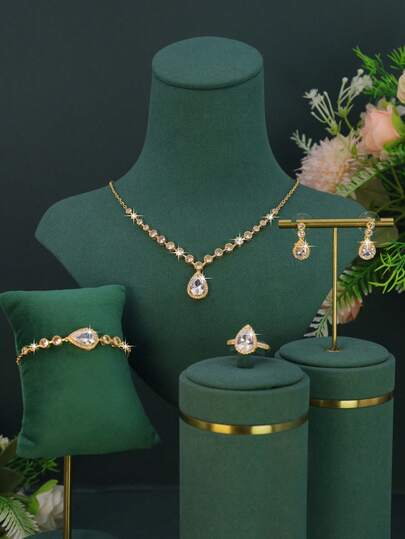 5pcs/Set Cubic Zirconia Inlaid Casual Elegant Series Necklace, Bracelet, Earrings, Ring Set, Water Drop Design, Suitable For Women's Daily Casual Wear, Friend Gift