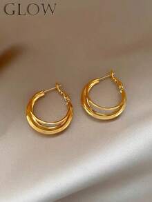 1 par de pendientes de aro y brazaletes para oreja dorados, estilo vintage, de moda, únicos, de nicho, exagerados, versátiles, elegantes, geométricos y multicapa, joyería para oreja, adecuados para chicas adolescentes, uso diario, vacaciones y fiestas - círculos geométricos - Ver 5