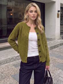 Nicenter Women's Fall‑Winter Cozy Wool Blend Ribbed Knit Crew Neck Button Front Relaxed Cropped Cardigan Sweater Tops Fall‑Winter Clothes For Women - Army Green - View 7