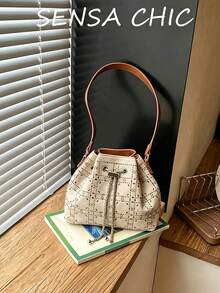Beige Grid Stitched Mini Bucket Bag, Brown Leather Top Handle Silver Chain Drawstring Closure Soft Faux Suede Handbag For Daily Outings - Beige - View 3