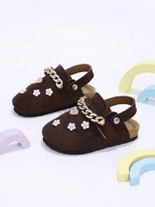 1 Pair Kids Rhinestone Closed-Toe Chain 3D Heart Flower Coffee Brown Mule Shoes, Suitable For Daily Wear - Coffee Brown - View 4
