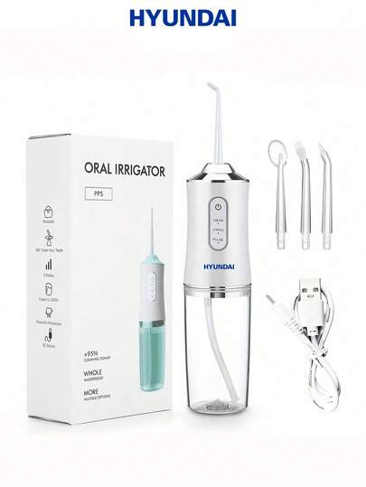 HYUNDAI Rechargeable Dental Flosser, Portable Handheld Wireless Teeth Cleaner, Electric Oral Irrigator, 3 Modes, 4 Nozzles, Suitable For Home Oral Care