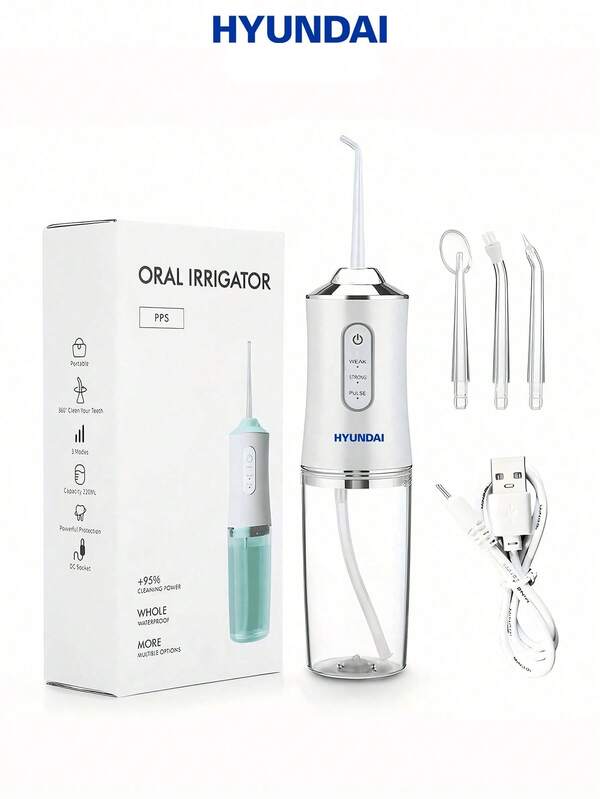 HYUNDAI Rechargeable Dental Flosser, Portable Handheld Wireless Teeth Cleaner, Electric Oral Irrigator, 3 Modes, 4 Nozzles, Suitable For Home Oral Care