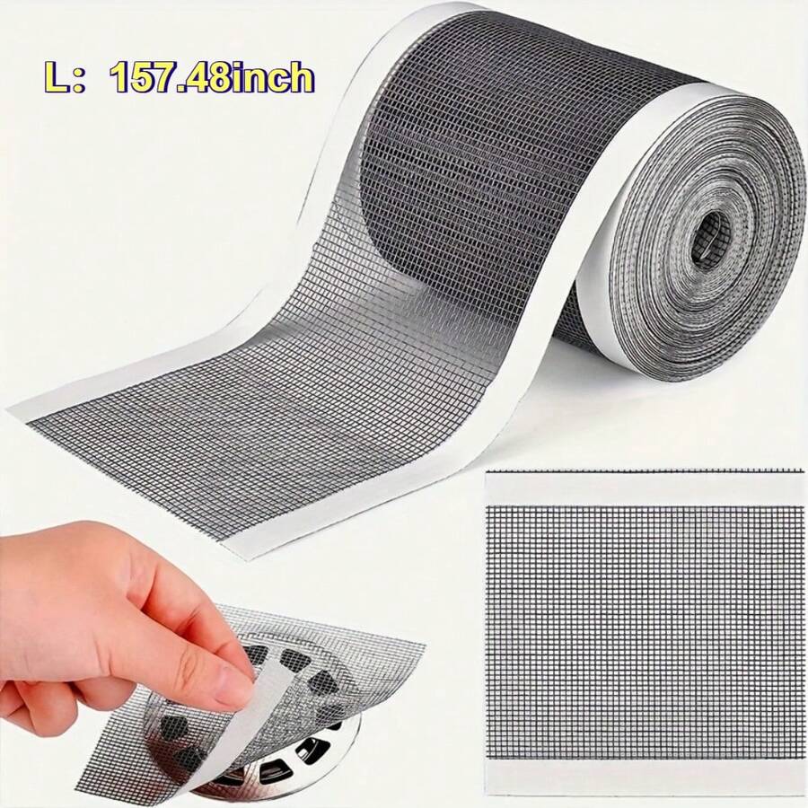 1 Roll 157.48inch Floor Drain Filter, Self-Adhesive Mesh Sticker, Trimmable Shower Drain Plug Protector, Easy Clean Hair Catcher, For Bathroom Kitchen Sink, Anti-Clogging Accessories - A - View 1