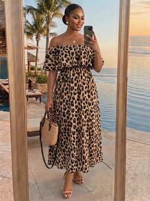 SHEIN Lady CURVE Plus Size Women's Leopard Print Off Shoulder Ruffle Waist A-Line Maxi Dress With Side Slit,Beige Summer Boho Beach Holiday Tropical Outfits - Khaki - View 4