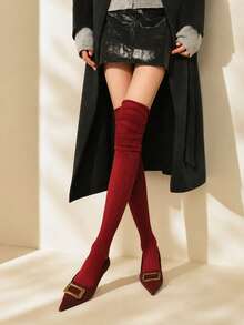 1 Pair Women Burgundy Ribbed Knit Slouchy Over The Knee Socks Old Money For Fall Boot Layering Office Daily Wear - Red - View 5