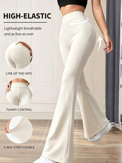 1pc Women's High Waist Black Flare Pants, Wide Leg Slim Fit Comfortable Casual Elastic Dance Yoga Sports Pants