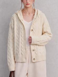 Jaket Kardigan Hoodie Wanita Musim Gugur/Dingin Desain Rajut Kabel Minimalis dengan Bordir Kecil di Dada Depan - Krem - View 4